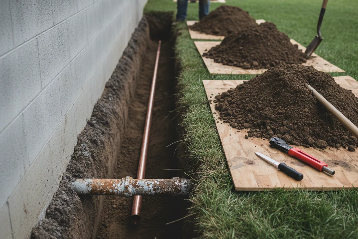 Excavated water line trench during Water Heater Repair in Knoxville
